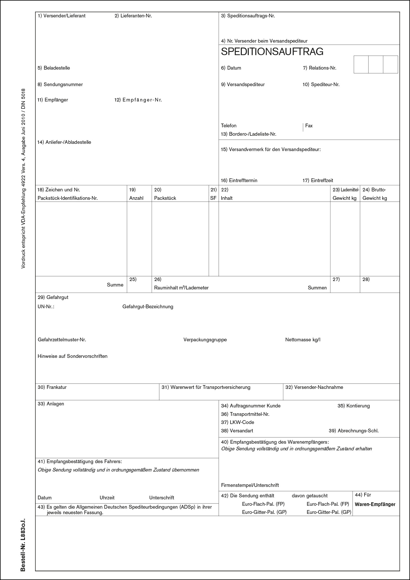 Speditionsauftrag DIN 5018 Für Laserdrucker