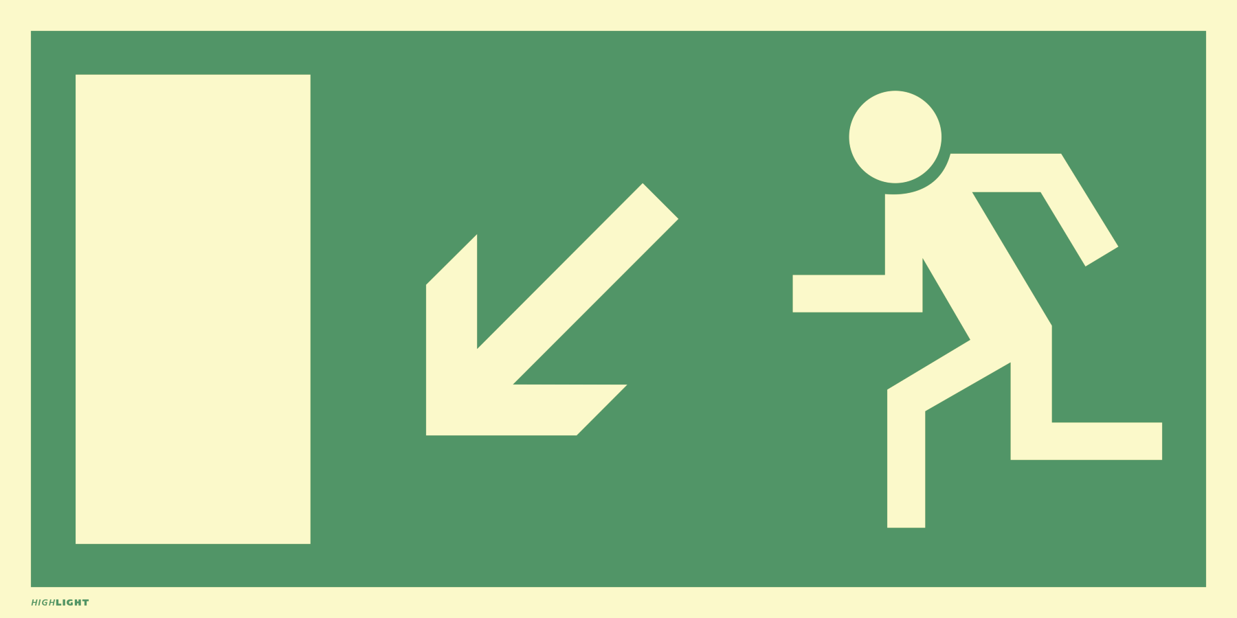 Rettungsweg links abwärts, Symbolschild, BGV A8 (E13)