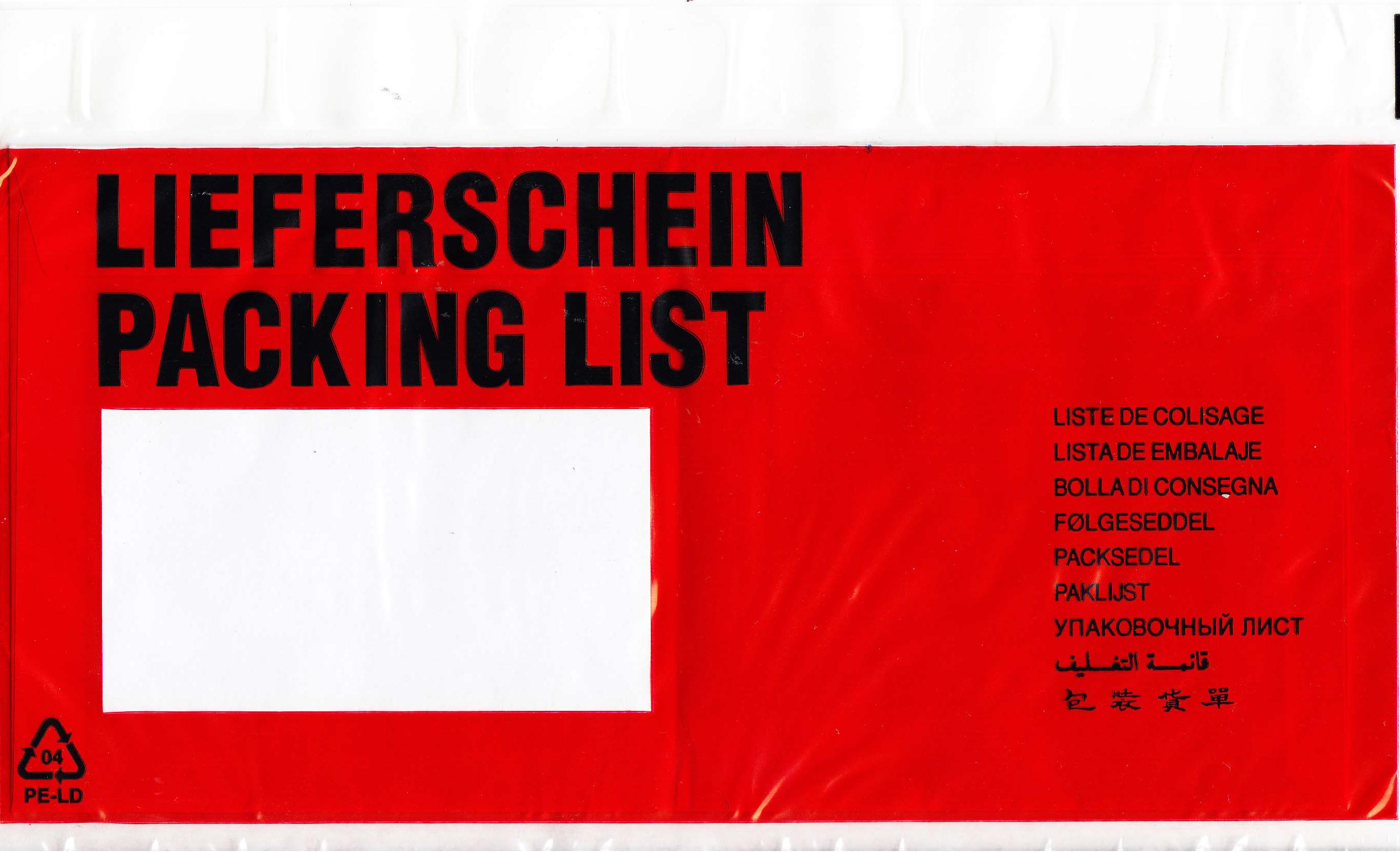 Lieferscheintaschen LIEFERSCHEIN / PACKING LIST (10-sprachig) LANG DIN 24,0 x 14,3 cm