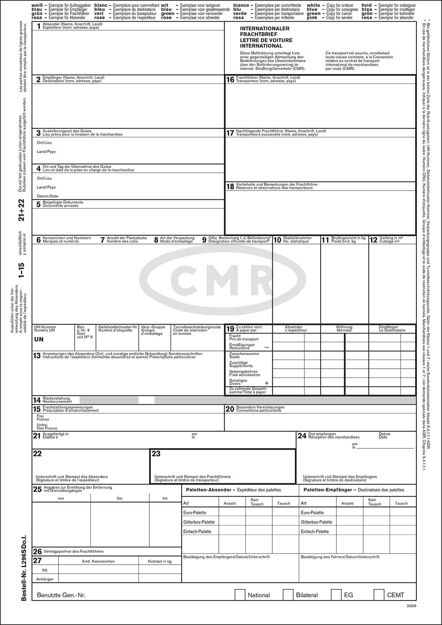 CMR Frachbrief / CMR Papiere 4-fach Laserfassung / Selbstdurchschreibend