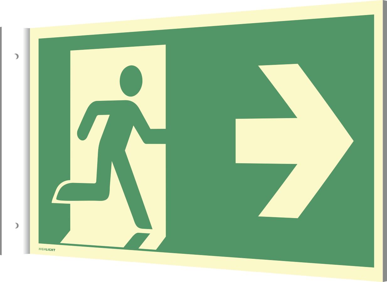Fahnenschild zur Wandmontage, Notausgang rechts