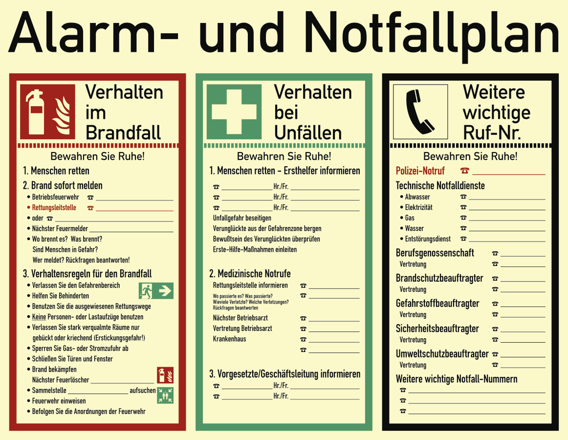 Alarm- und Notfallplan, Kombischild, Anlehnung an die DIN 14096. Teil A (2014)