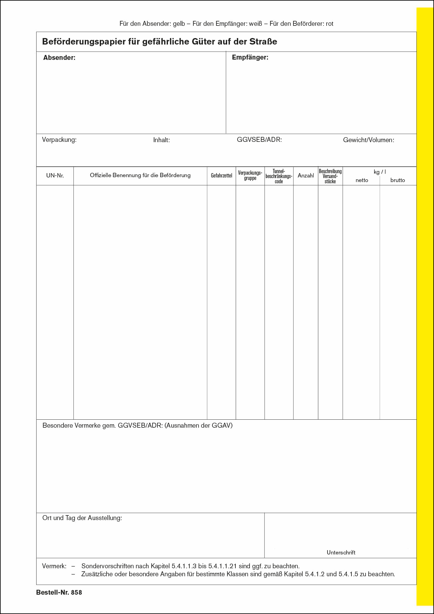 Beförderungspapier gefährliche Güter Straße Laserfassung / selbdurchschreibend