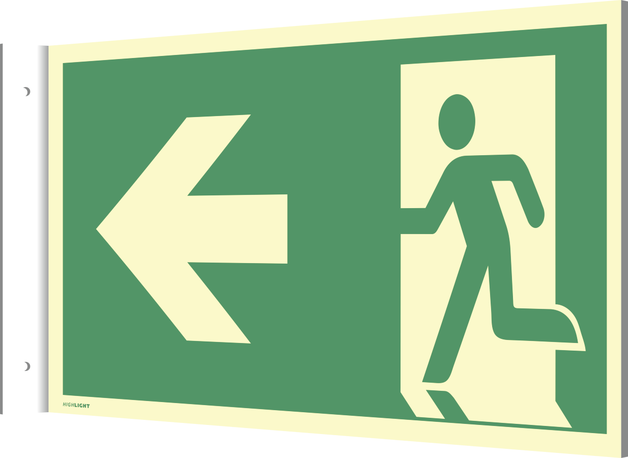 Fahnenschild zur Wandmontage Fluchtrichtung, Notausgang links/rechts