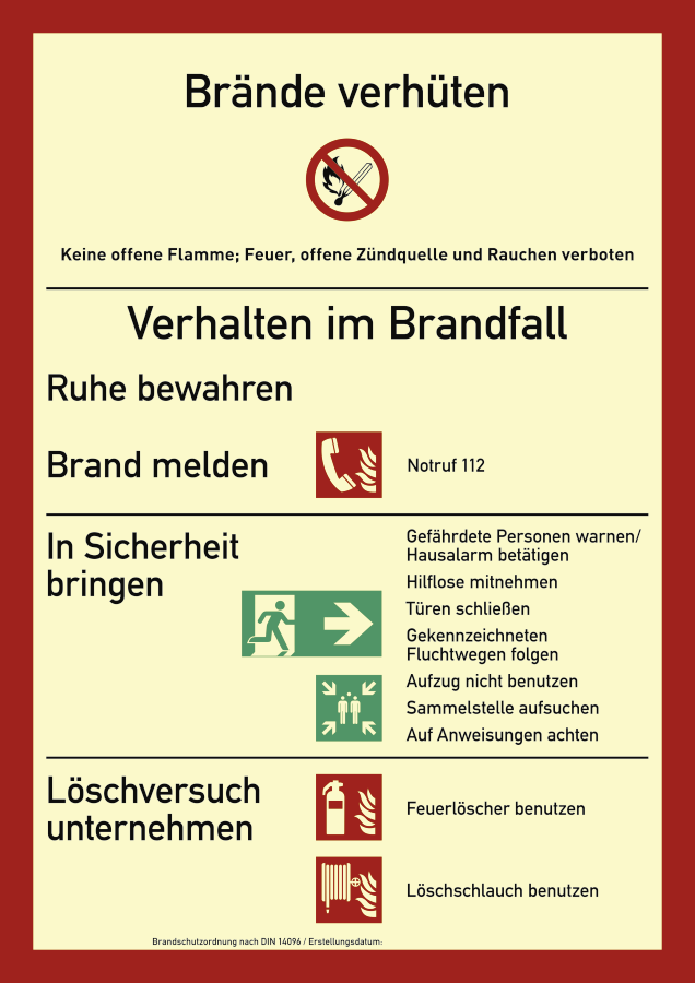 Brandschutzordnung ohne Handfeuermelder, Kombischild, DIN 14096. Teil A (2014)