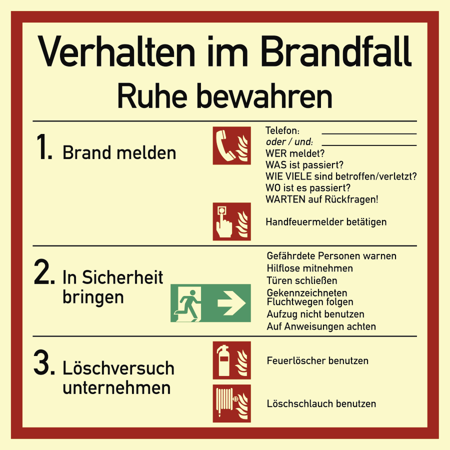 Verhalten im Brandfall, Kombischild, Anlehnung an die DIN 14096. Teil A (2014)