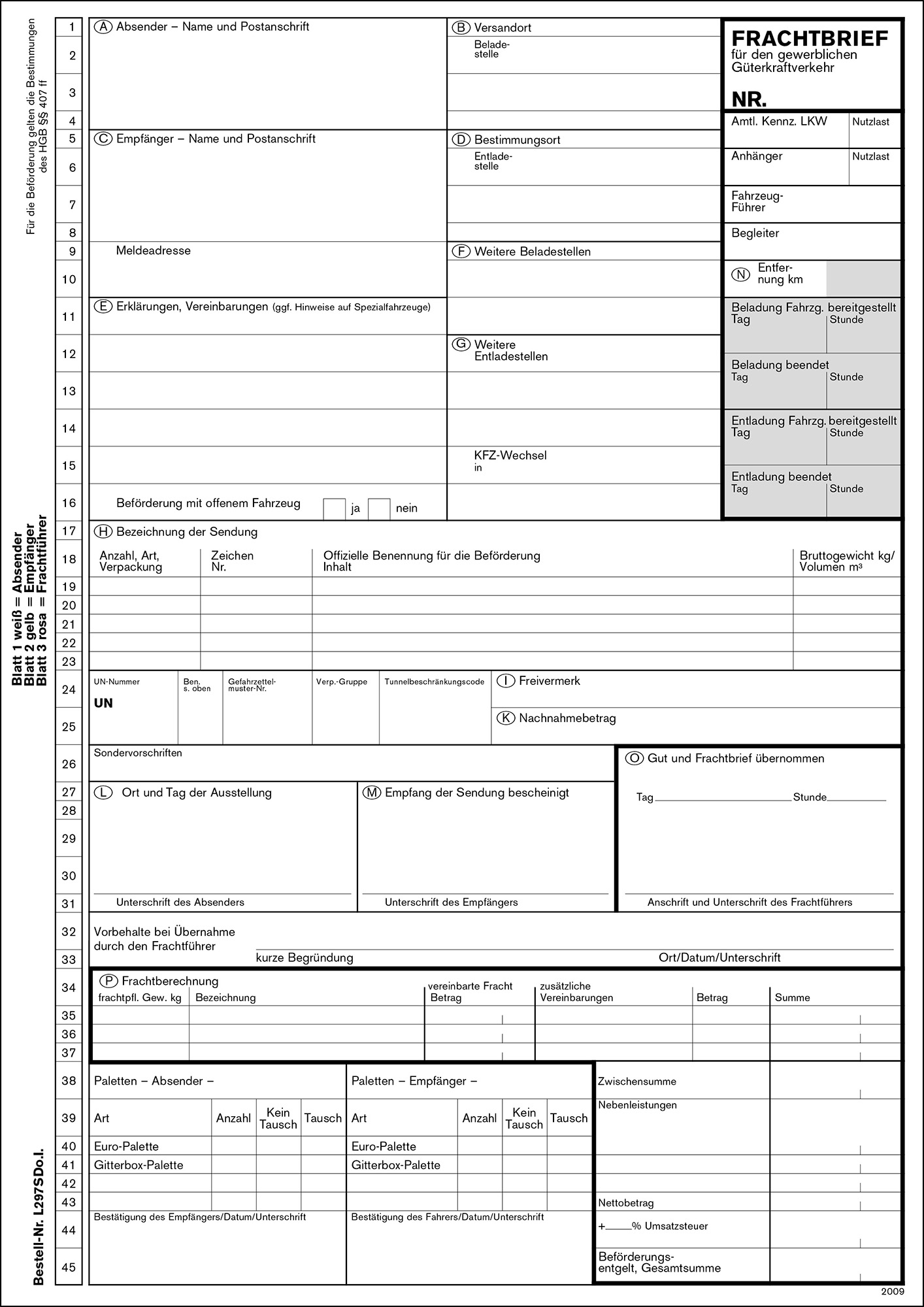 Frachtbrief für nationalen gewerblichen Güterkraftverkehr, 3-fach Satz selbstdurchschreibend